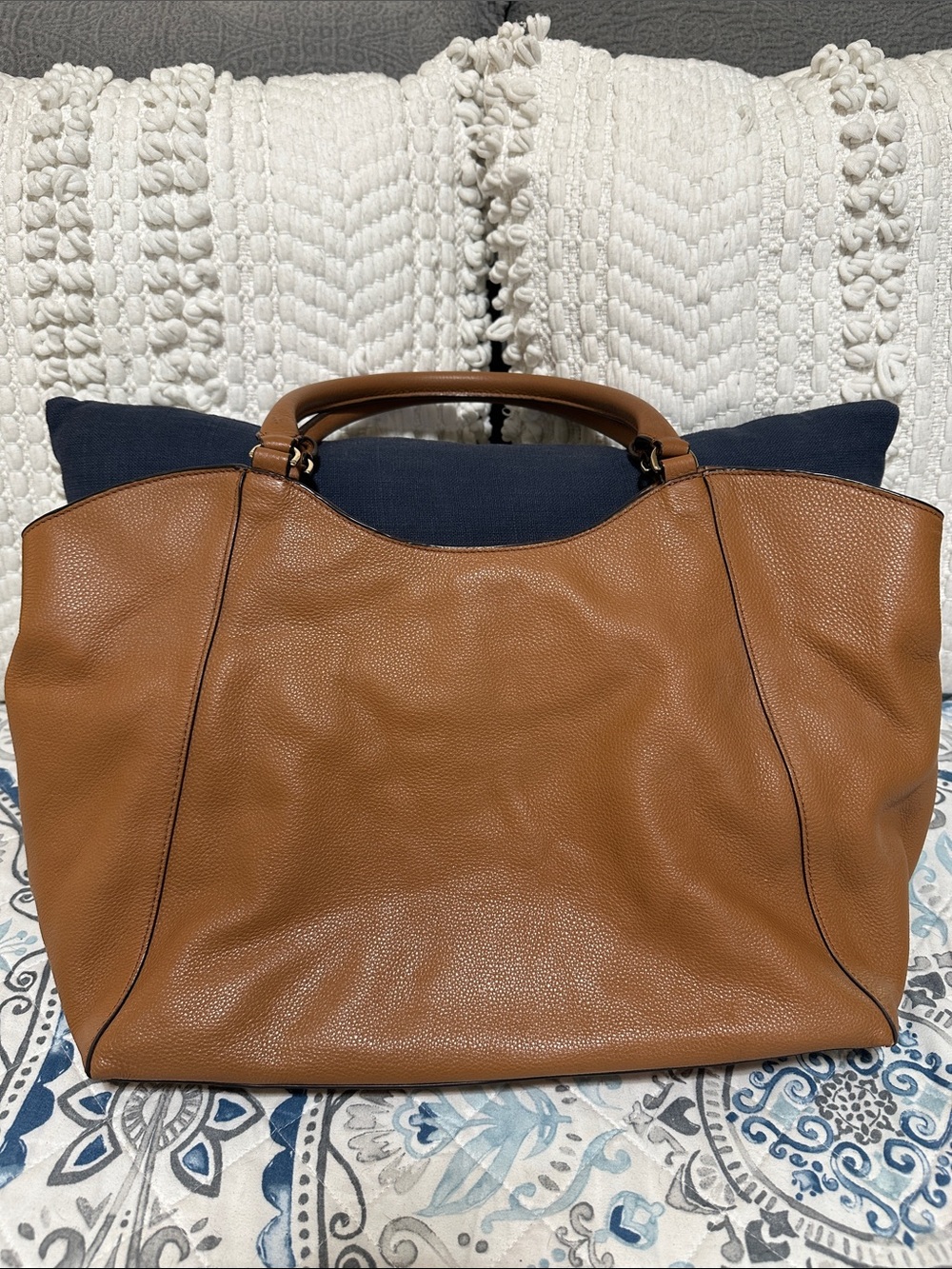 Tory Burch Brown Pebbled Leather Logo Tote - Picture 2 of 9